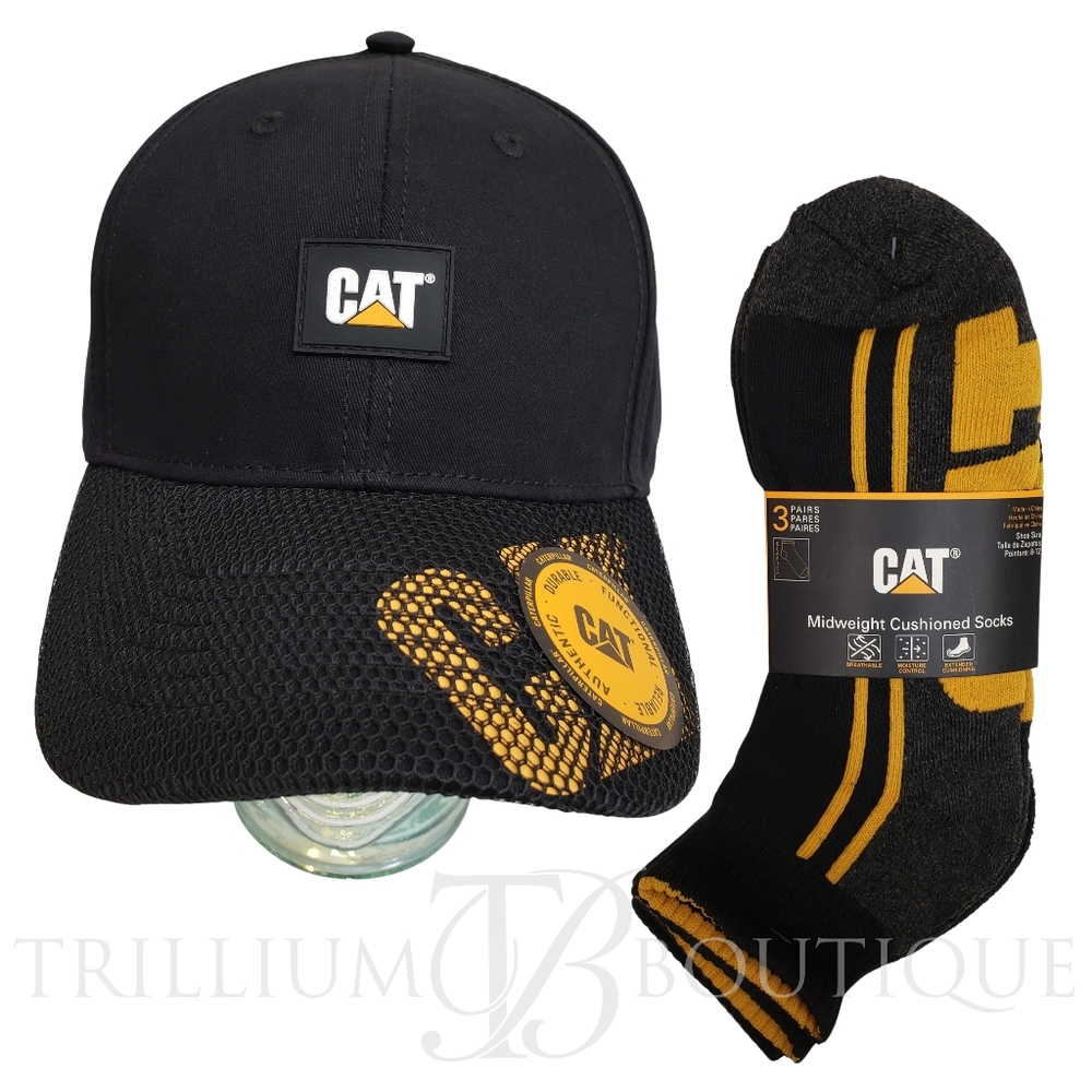 BUNDLE - CAT Caterpillar Crew Cap Snapback Hat, Half Cushion Quarter Socks Black
